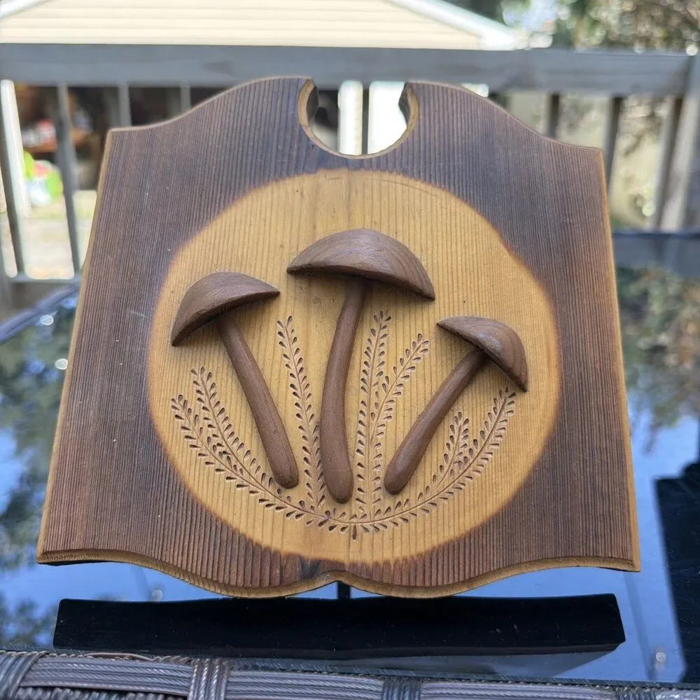 Vintage 3D Wood Carved Mushroom Wall Plaque R.D. Broz Family- Cottage Core Folk